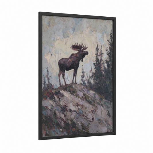Alpine Moose framed art print — black wood frame — cream and gray palette