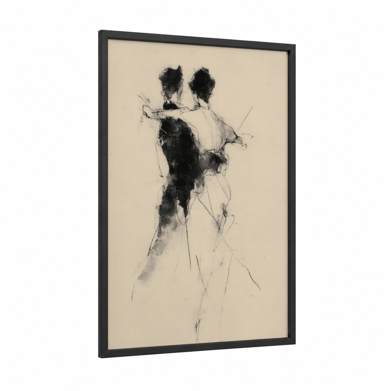 Embracing Couple framed groom and bride print — black wood frame — black and white and cream palette