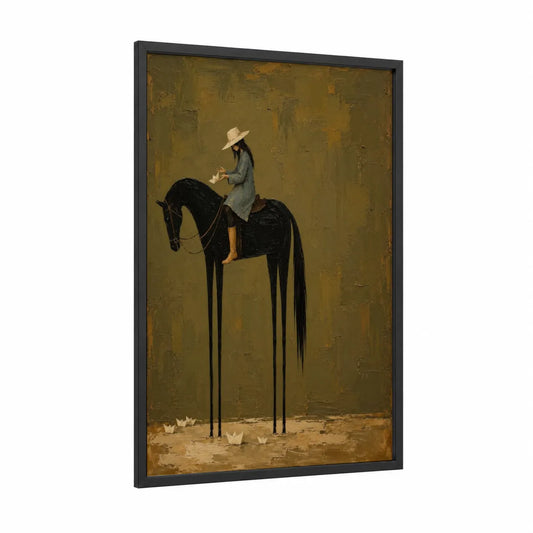 Surreal Black Horse With Rider Wall Art framed art print — black wood frame — gold and black palette