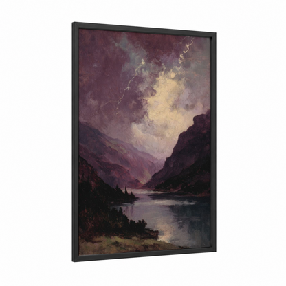 Stormy Mountain Lake framed lakes print — black wood frame — maroon and gold palette