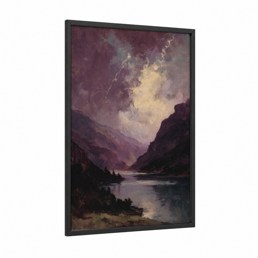 Stormy Mountain Lake framed lakes print — black wood frame — maroon and gold palette