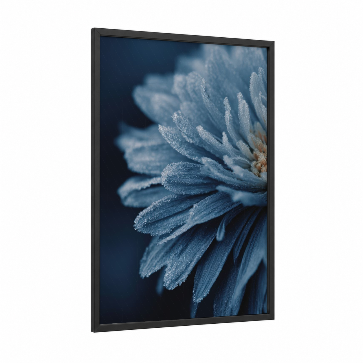 Frosted Daisy framed art print — black wood frame — blue and white and dove gray palette
