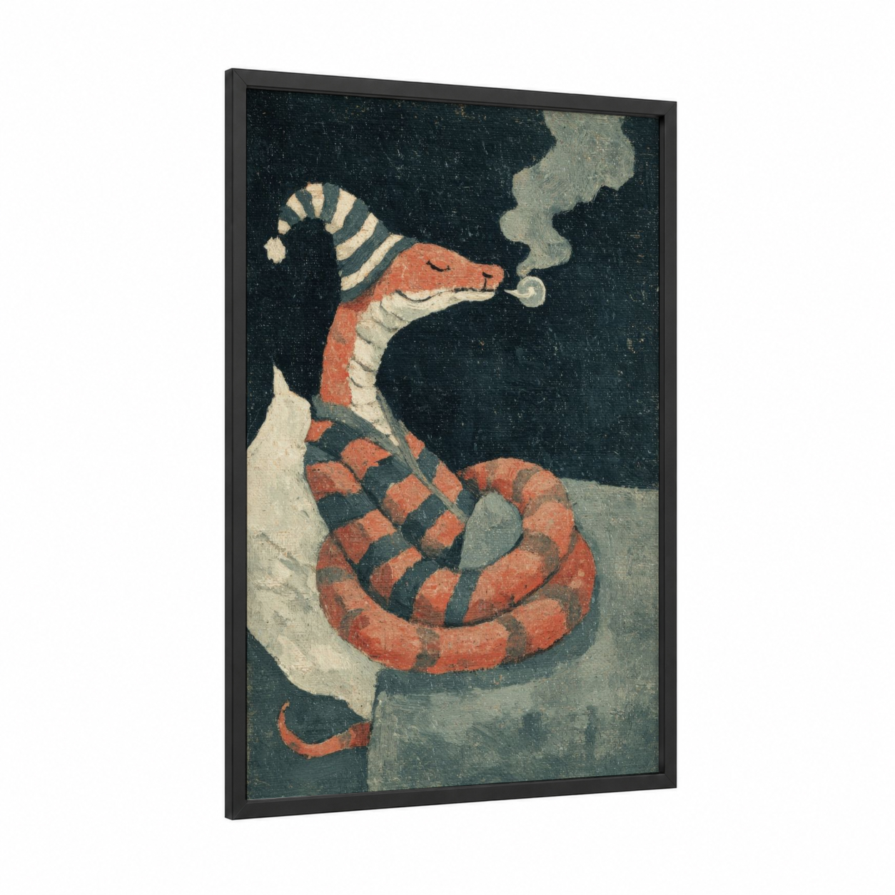 Smoking Viper framed art print — black wood frame — dark blue palette