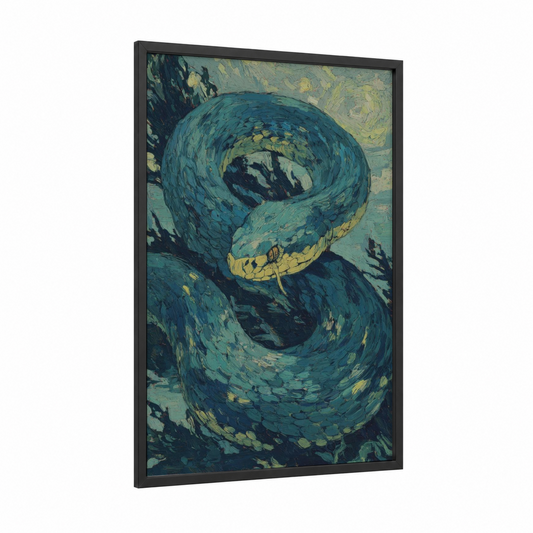 Coiled Viper framed art print — black wood frame — teal and yellow gold palette