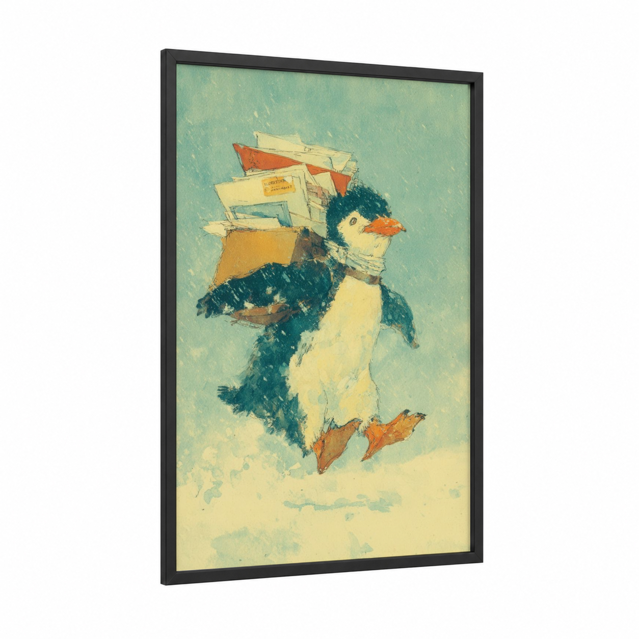 Postman Penguin framed art print — black wood frame — aquamarine and cream palette