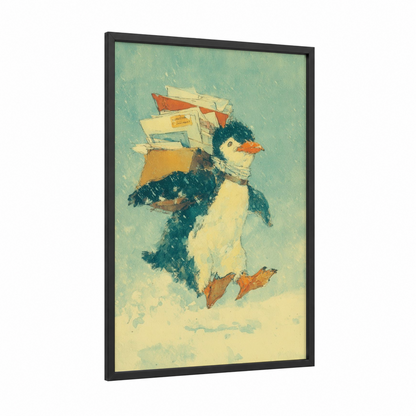 Postman Penguin framed art print — black wood frame — aquamarine and cream palette