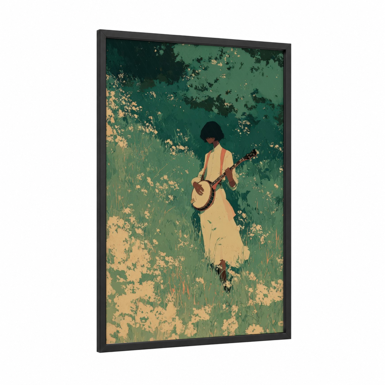 Meadow Musician framed art print — black wood frame — true green and gold palette