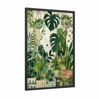 White Cat in Jungle Garden Wall Art framed art print — black wood frame — true green and cream palette