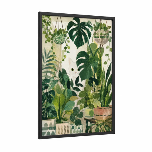 White Cat in Jungle Garden Wall Art framed art print — black wood frame — true green and cream palette