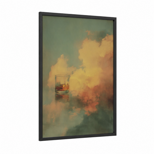 Cloudscape Whiskey framed art print — black wood frame — gold and sage green palette