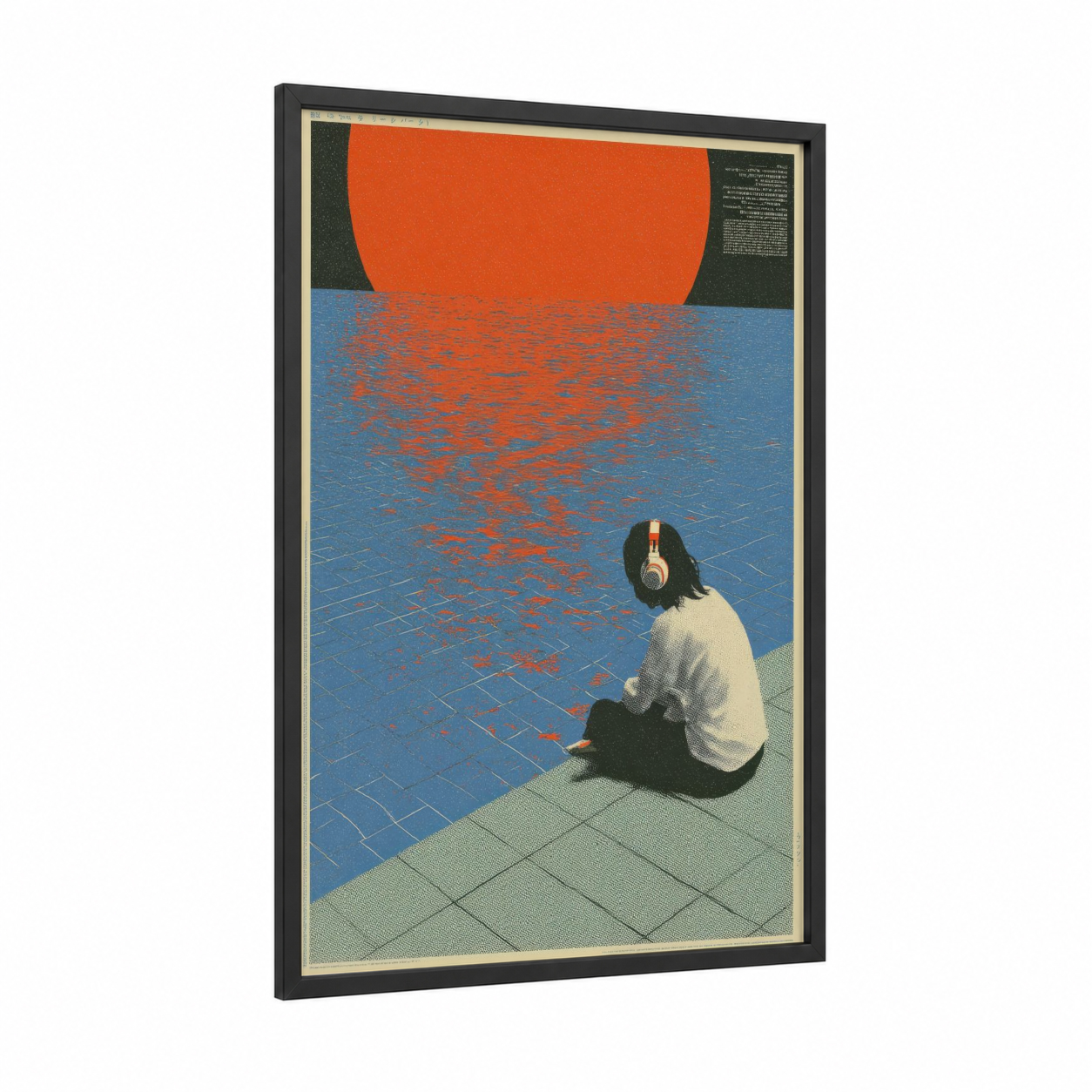 Sunset Listener framed japanese y2k print — black wood frame — orange and blue palette
