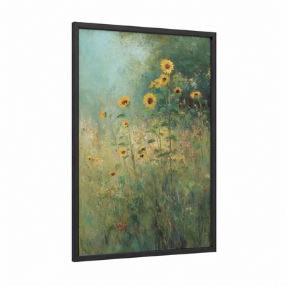 Golden Sunflower Field framed art print — black wood frame — yellow gold and sage green palette