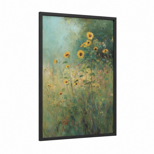Golden Sunflower Field framed art print — black wood frame — yellow gold and sage green palette