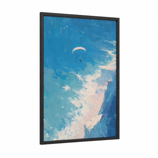 Coastal Paragliding framed art print — black wood frame — blue and white palette
