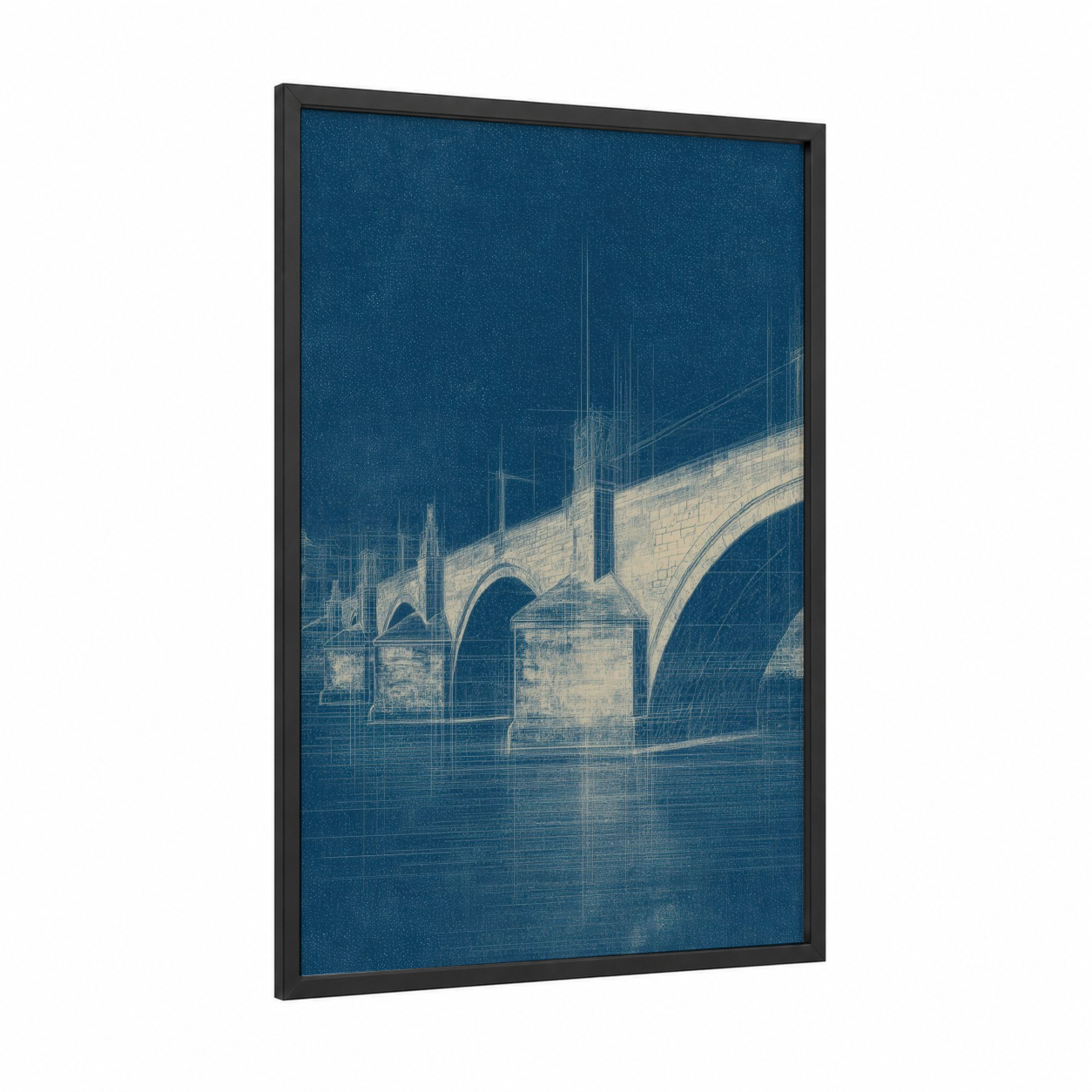 Charles Bridge Blueprint framed art print — black wood frame — dark blue and cream palette