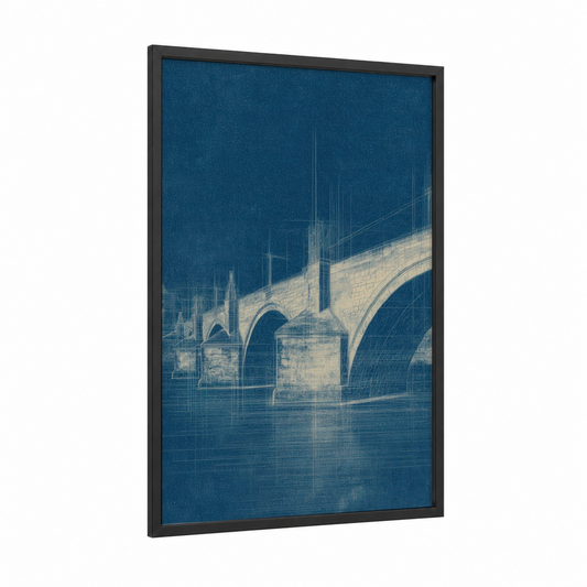 Charles Bridge Blueprint framed art print — black wood frame — dark blue and cream palette