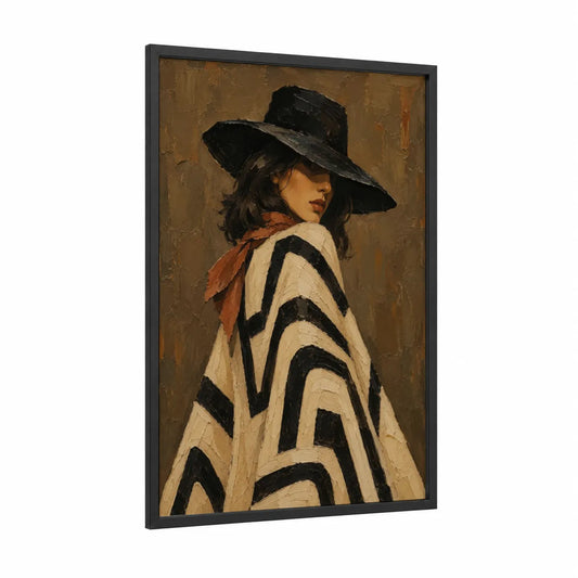 Geometric Fashion Portrait Wall Art framed fashion illustration print — black wood frame — black and white and brown palette