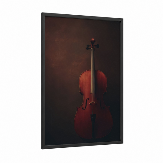 Crimson Cello framed art print — black wood frame — maroon and dark green palette