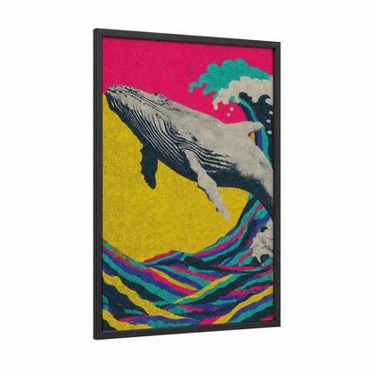 Colorful Whale Dance framed gray whale print — black wood frame — magenta and yellow gold palette