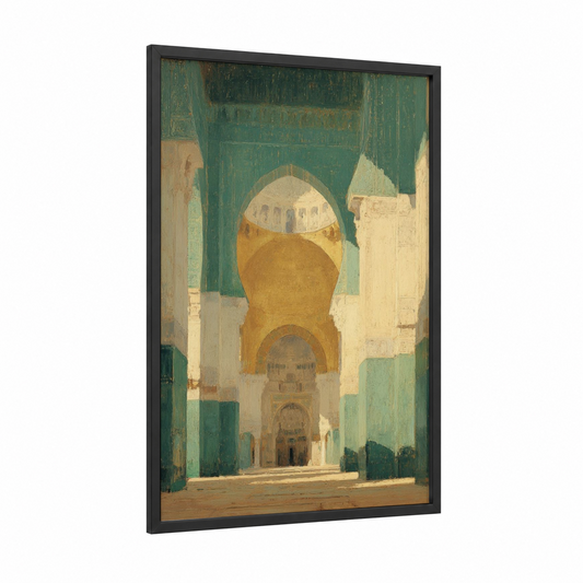 Arched Mosque Interior framed art print — black wood frame — dark green and gold palette
