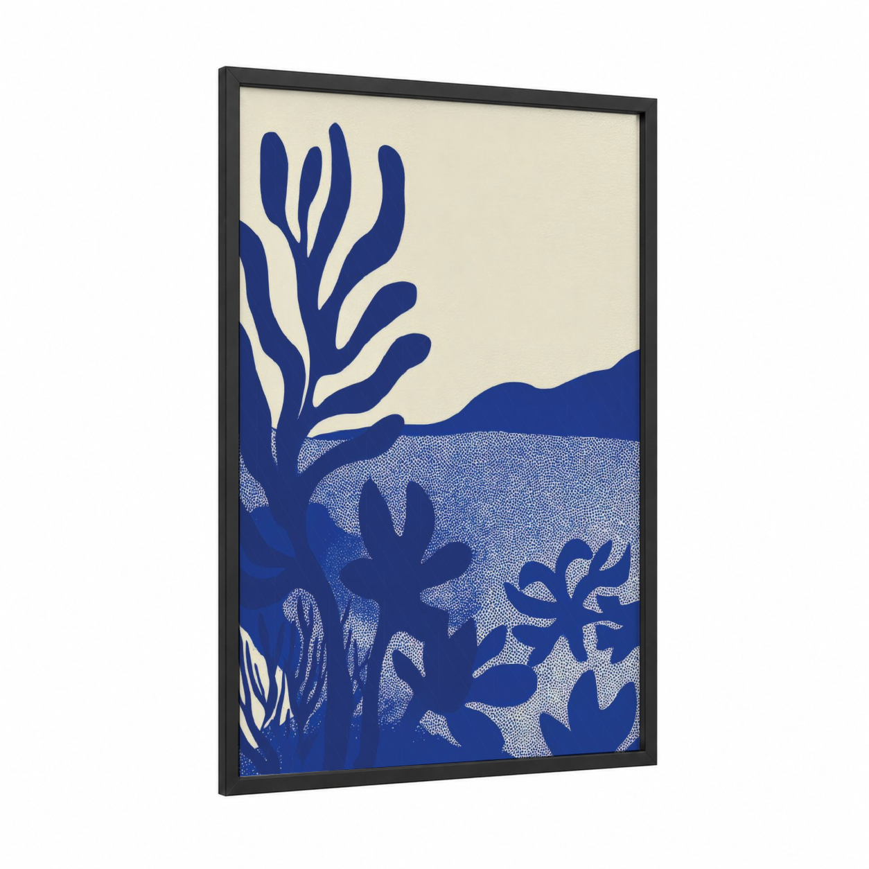 Indigo Coral Garden framed art print — black wood frame — blue and cream palette