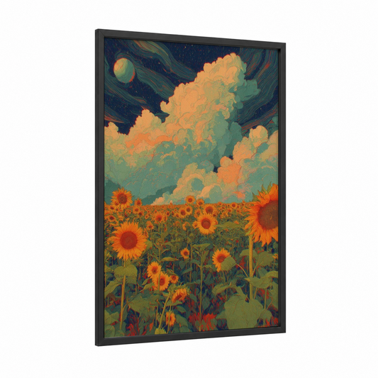 Dreamscape Sunflowers framed sunflower field print — black wood frame — gold and orange palette