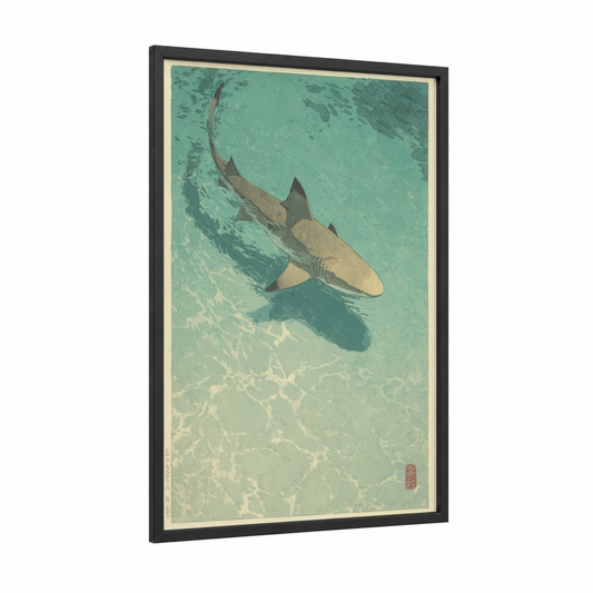 Shallow Water Lemon Shark framed art print — black wood frame — teal and cream palette