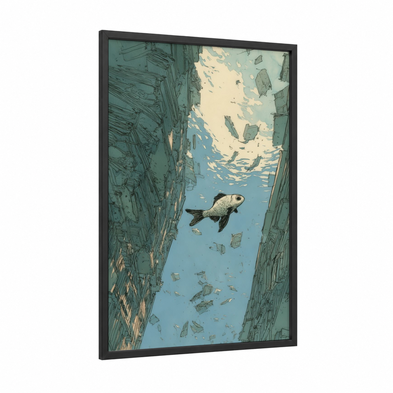 Urban Zebrafish framed art print — black wood frame — teal and cream palette