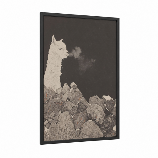 Mountain Alpaca framed art print — black wood frame — black and white and gray palette