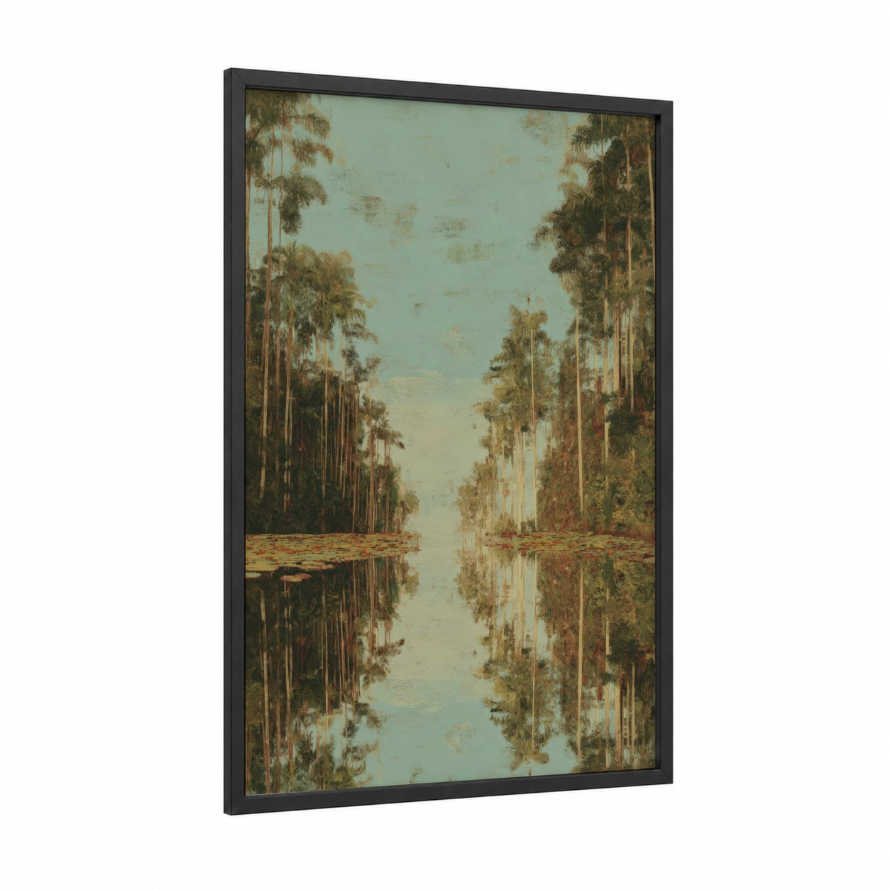 Serene Palm Corridor framed palm forest print — black wood frame — teal and sage green palette