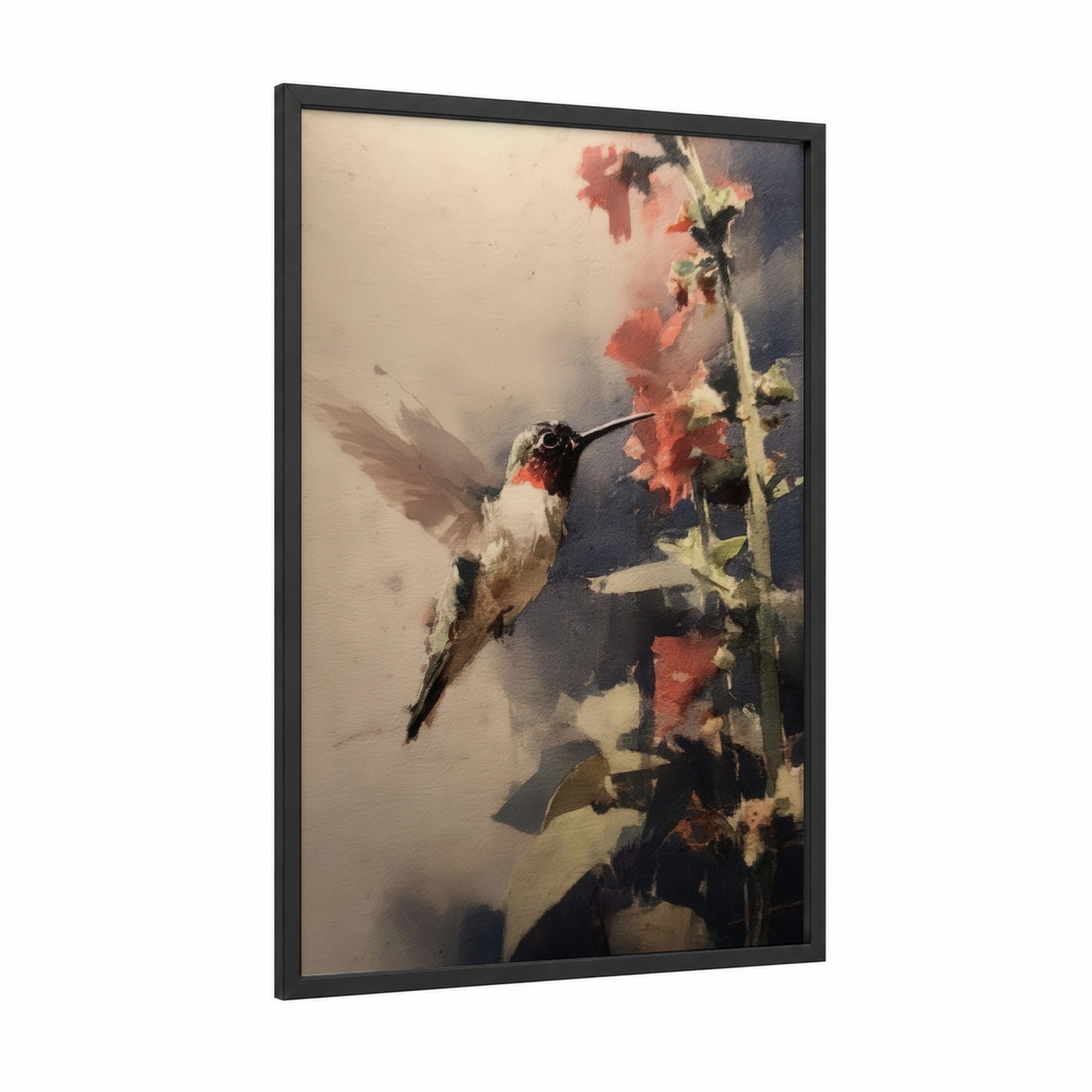 Ruby Hummingbird framed art print — black wood frame — peach and cream palette