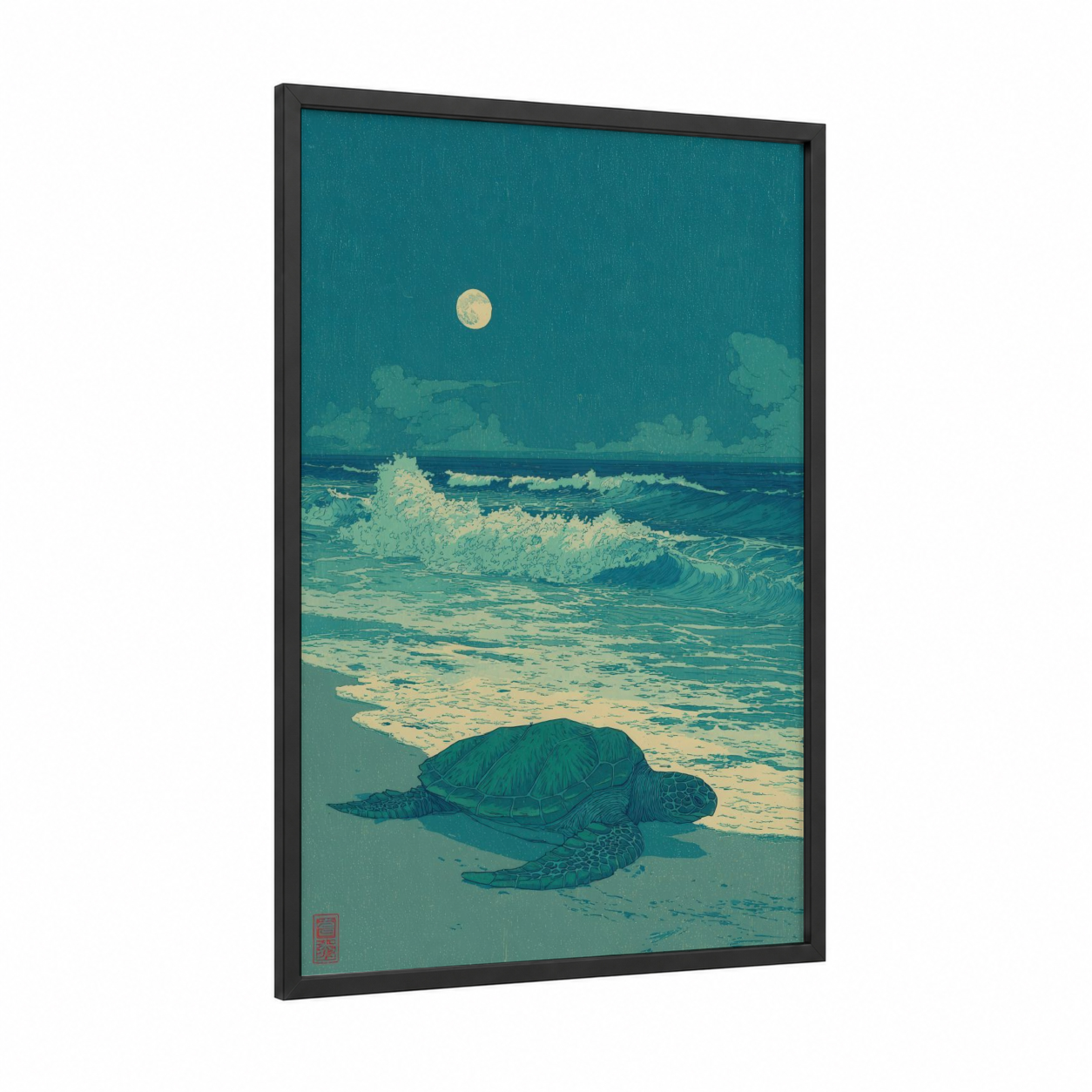 Moonlit Sea Turtle framed art print — black wood frame — teal and cream palette