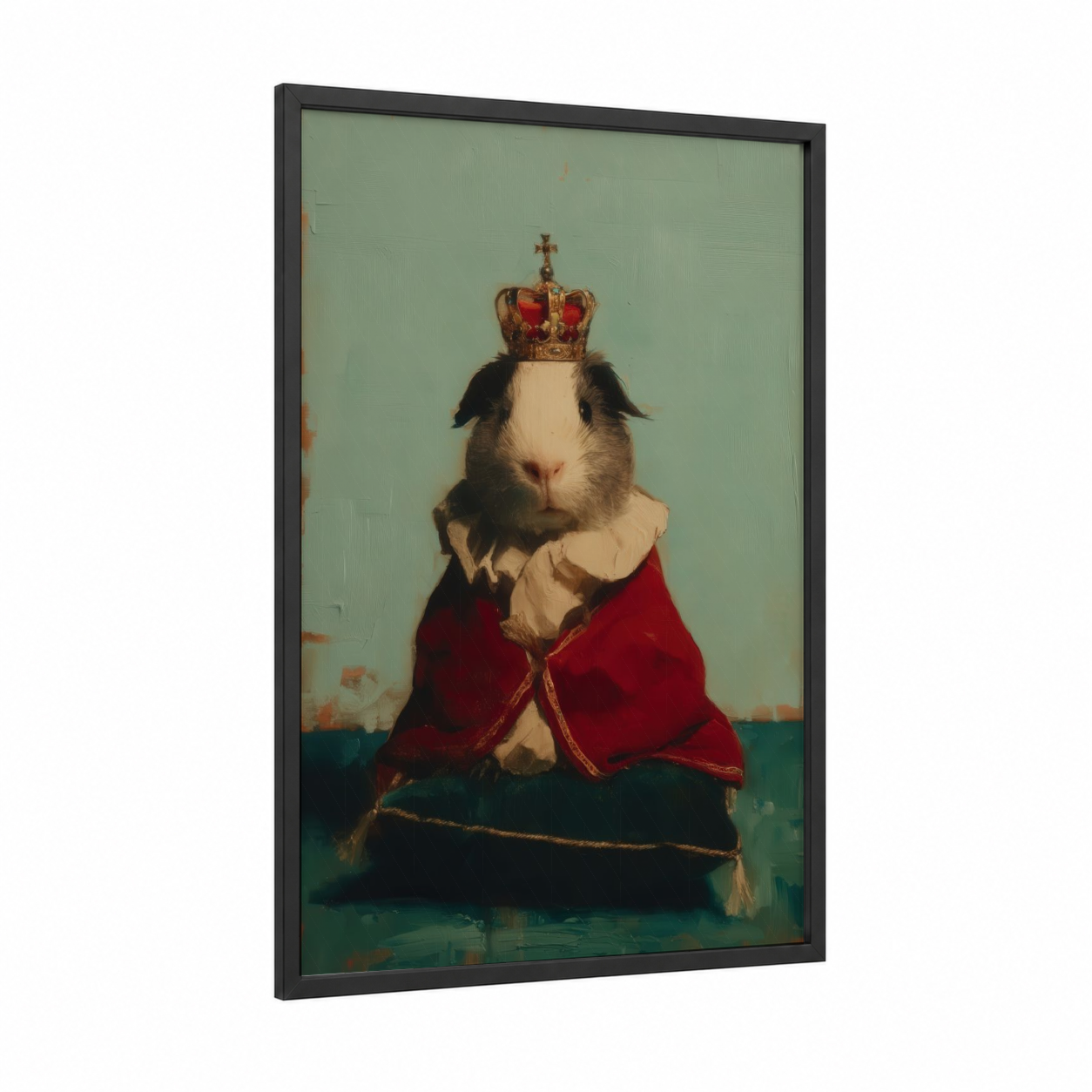 Royal Guinea Pig framed art print — black wood frame — sage green and red palette
