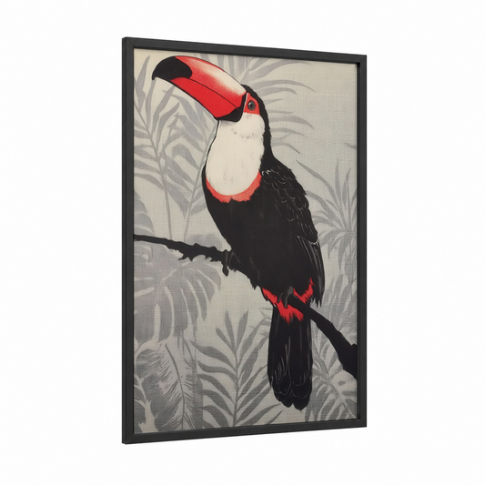 Scarlet Toucan framed art print — black wood frame — red and black palette