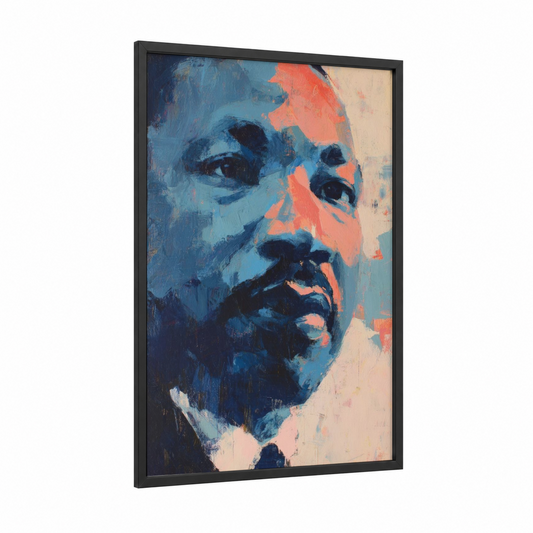 Dream Legacy Portrait framed martin luther king jr day print — black wood frame — blue and orange palette