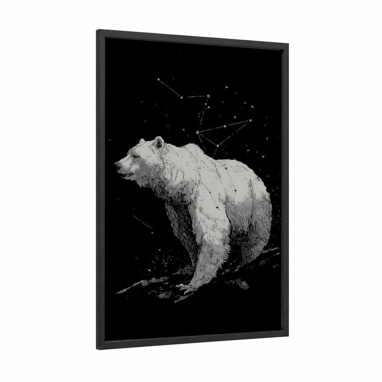 Celestial Grizzly framed grizzly bear print — black wood frame — black and white palette