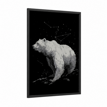 Celestial Grizzly framed grizzly bear print — black wood frame — black and white palette