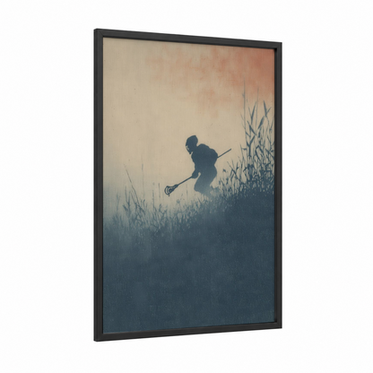 Misty Lacrosse Player framed art print — black wood frame — cream and blue palette