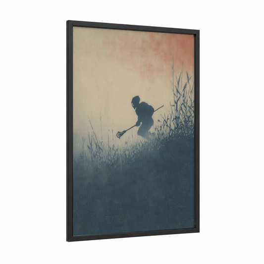 Misty Lacrosse Player framed art print — black wood frame — cream and blue palette