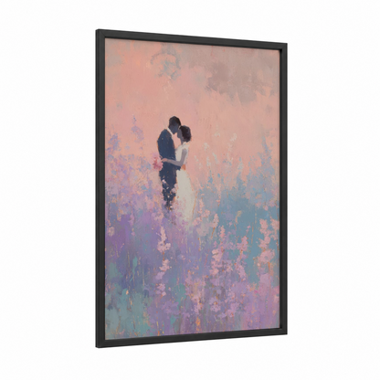 Wildflower Romance framed groom and bride print — black wood frame — pink and lavender palette