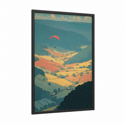 Alpine Paragliding framed art print — black wood frame — gold and teal palette