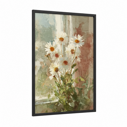Windowsill Daisies framed daisy print — black wood frame — cream and sage green palette