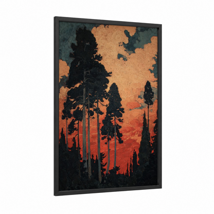 Crimson Cedar Sunset framed cedar forest print — black wood frame — gold and black palette
