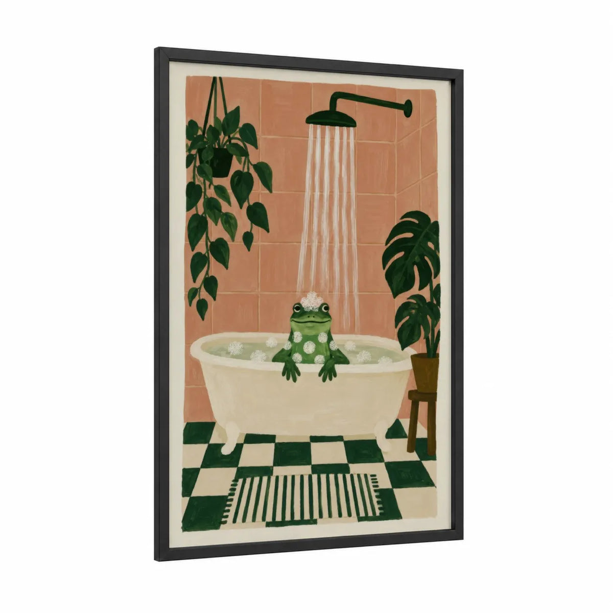 Whimsical Frog in Bathtub Wall Art framed frogs and toads print — black wood frame — peach and true green palette