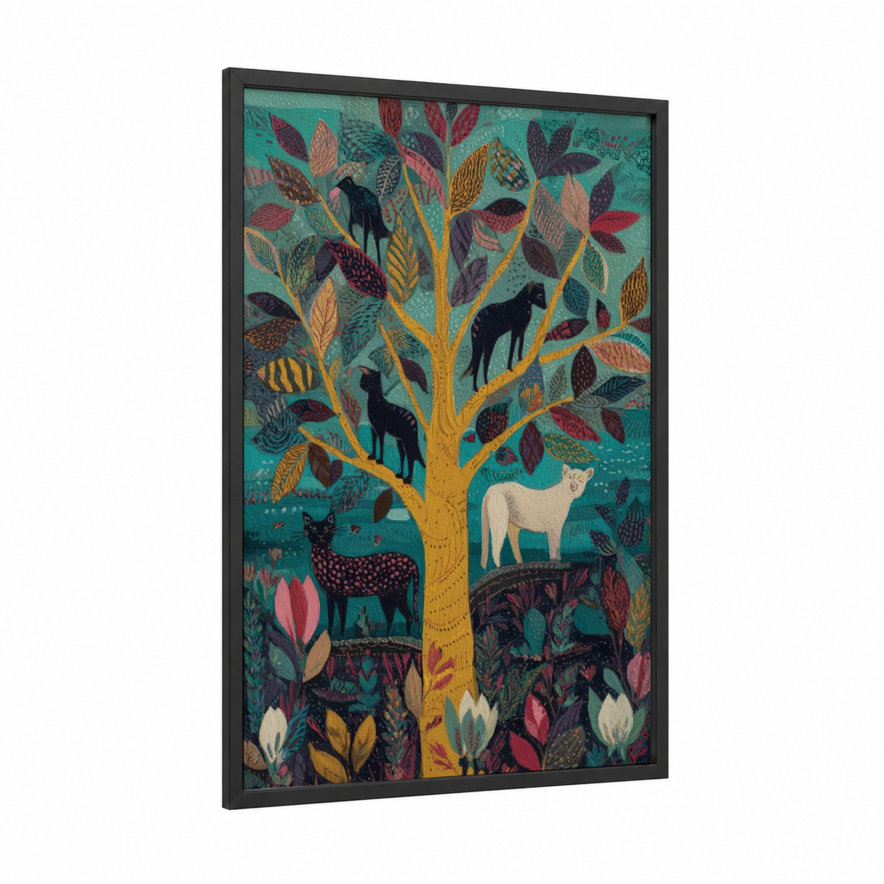 Sanctuary Banyan Tree framed art print — black wood frame — teal and gold palette