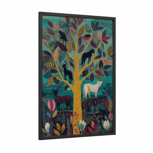 Sanctuary Banyan Tree framed art print — black wood frame — teal and gold palette