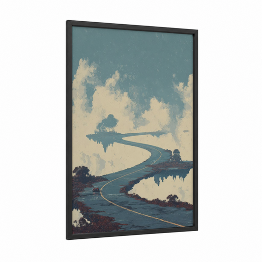 Winding Road Dream framed road and highways print — black wood frame — blue and white and cream palette