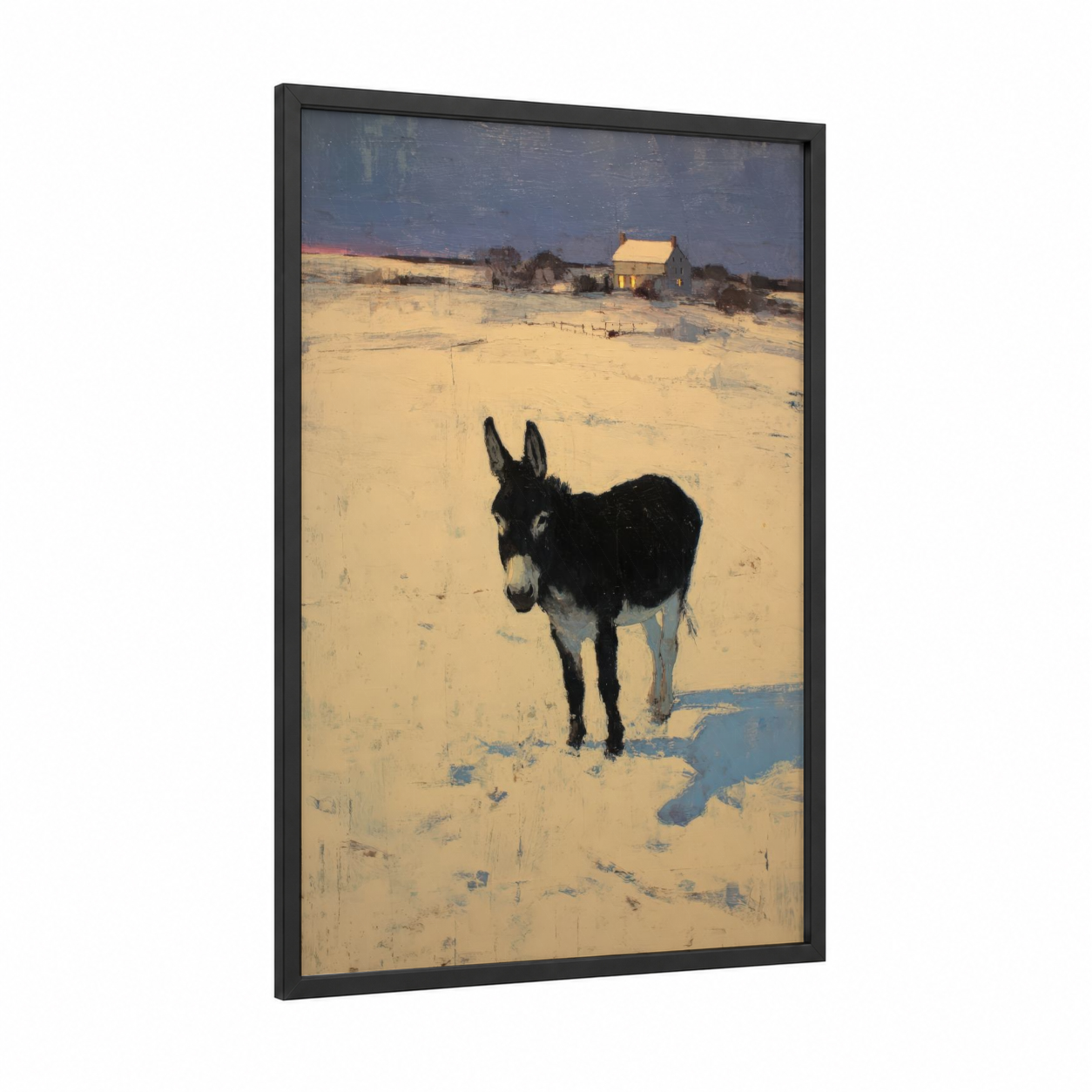 Snowy Mule framed art print — black wood frame — blue and gold palette