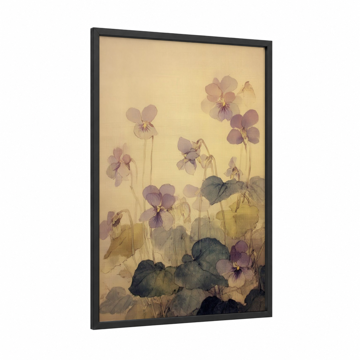 Misty Violet Garden framed violets print — black wood frame — lavender and cream palette