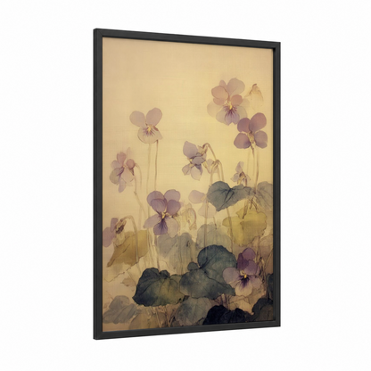 Misty Violet Garden framed violets print — black wood frame — lavender and cream palette